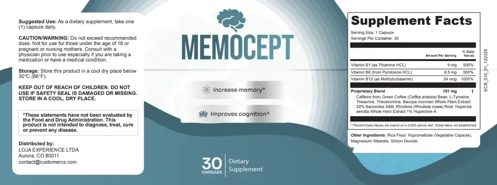 Memocept supplement facts label