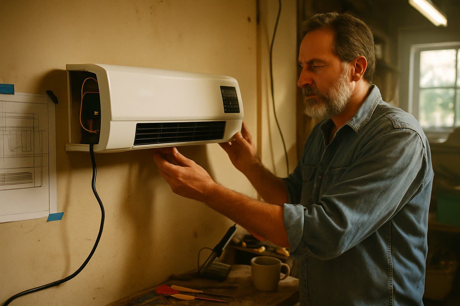 Daniel R., 47, with the Vital Pro Breeze prototype mounted in his Phoenix garage.