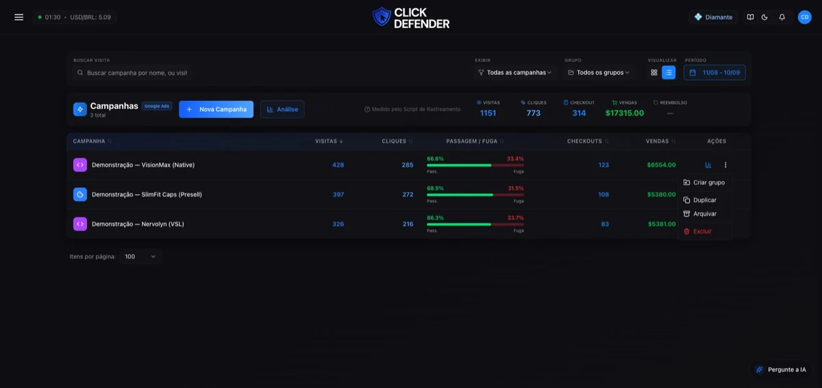 O menu do card aberto, com Mover para grupo, Duplicar, Arquivar e Excluir.
