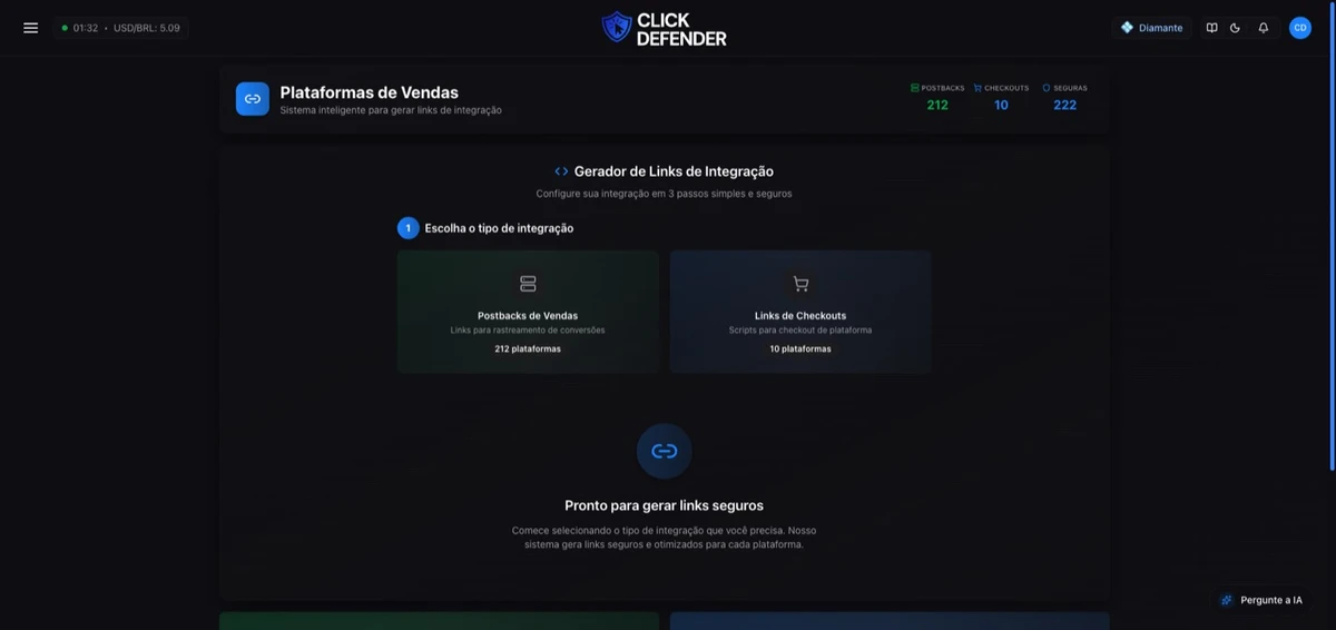 A tela Integrações Postbacks: escolha o tipo, encontre sua plataforma e copie o link gerado.