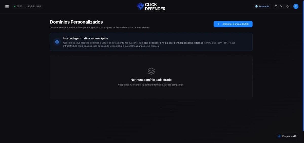 A tela de Domínios Personalizados antes do primeiro domínio, com o limite do plano no botão.