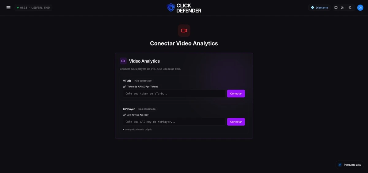 A tela Video Analytics, com a conexão do VTurb e do KVPlayer.