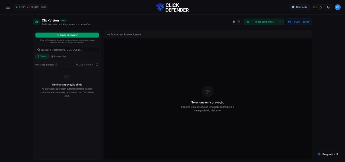 A tela do ClickVision, onde as gravações das sessões aparecem.