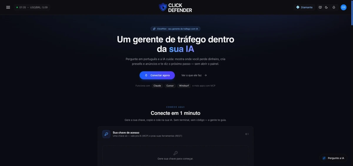 A tela do ClickPilot, com o passo de gerar a chave de acesso.