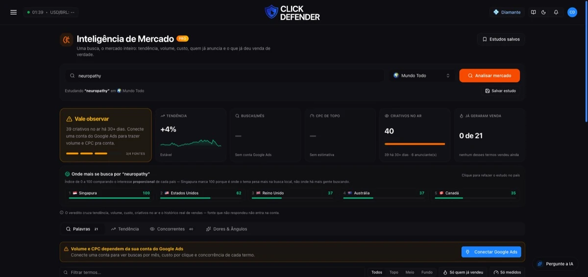 A Inteligência de Mercado, com os termos e o veredito do nicho.
