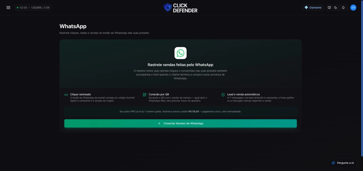 A tela do WhatsApp, onde você conecta o número por QR e passa a rastrear os cliques do botão.
